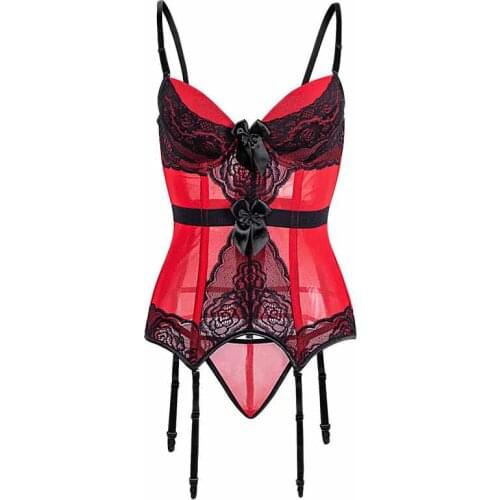 Red Sexy Lingerie Fish Boned Women Waist Trainer Corset Underwear Lace Transparent Sleep Wear Corset Shoulder Strap Lingeries