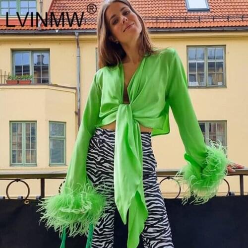 LVINMW Furry Bow Plain Sexy Slim Women Blouses Low Cut Long Sleeve Side Split Casual Shirts Designed Stylish Bandage Crop Top