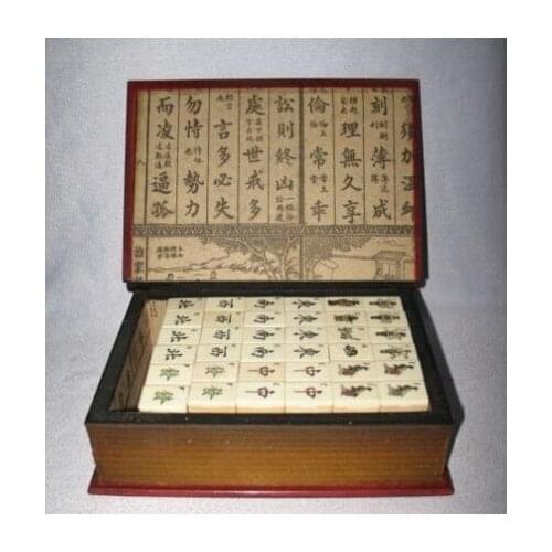 Copper Brass CHINESE crafts decor ation Asian Velho Bonito Mah Jong Set em Caixa De livro De Couro 144 Telhas Telhas/Bambu lojas