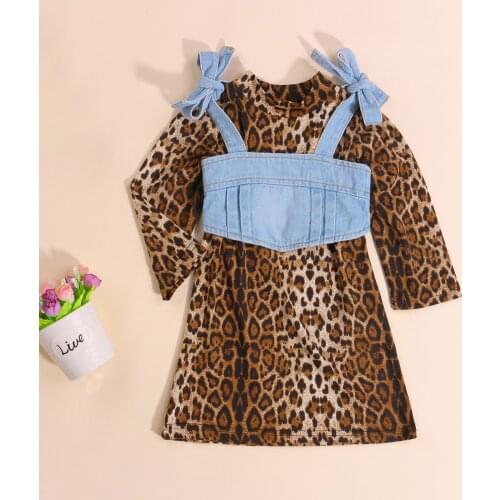 2021 1-6Y Fashion Toddler Girl Clothing Long Sleeve Leopard Print A-line Dress+Bow Tie Strap Denim Vest Set Spring Autumn 2pcs