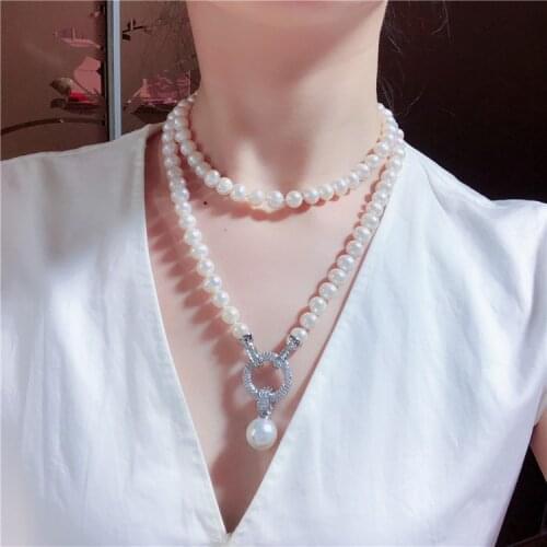 Natural freshwater pearl Nearly round 9-10MM Natural fashion sweater chain joker Pendant with 14 mm shells (imitation pearl)