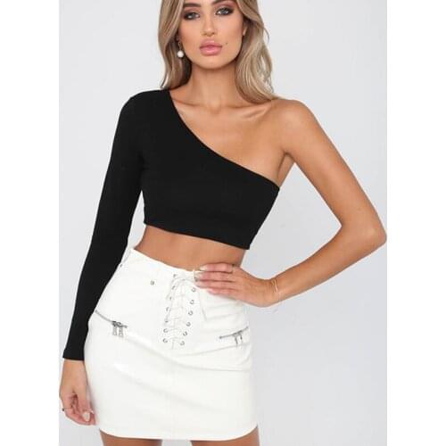 2021 Summer New Womens Tight-fitting Short Top Casual One-shoulder Long-sleeved Womens Summer T-shirt Red White Sexy