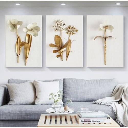 Nordic Golden Plant Leaves and Flowers Wall Art Pictures Canvas Painting Quadro Posters and Prints Cuadros for Living Room Decor