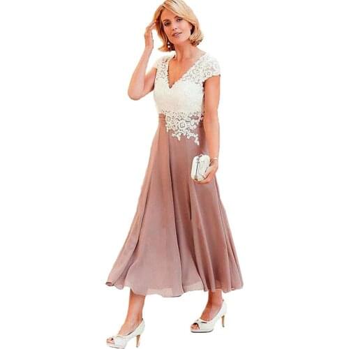 Tea Length Mother of The Bride Dress Short Sleeve V Neck Lace Chiffon Women Evening Formal Dress Wedding Guest Dress