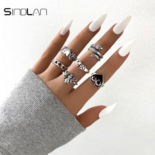 Sindlan Gothic Silver Color Grimace Finger Rings Set for Women Punk Stranger Things Butterfly Female Emo Jewelry Anillos Bague