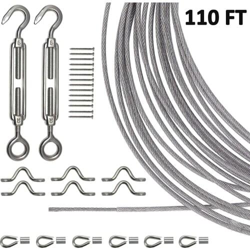 Stainless Steel Lights Kit String Light Suspension Kit Outdoor Light Guide Wire 110 FT Wire Rope Cable Turnbuckle and Hooks