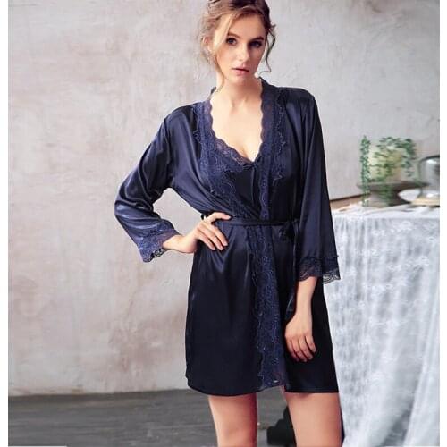 2018 Spring Sexy Women Lace Nightwear Robes 5 colors Faux Silk Pajamas Two piece set Female Bathrobes Noble Braces Sleepwear