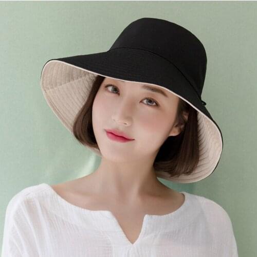 Japanese Fashion Summer Girls Plain Wide Brim Bright Sunshade Cap Double-Sided Foldable Fisherman Womens Cotton Bucket Hat