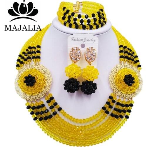 Majalia Romantic Nigeria Wedding African Beads Jewelry Set Yellow and Black Crystal Necklace Bridal Jewelry Sets 6OP030