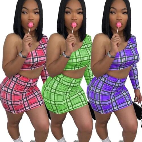 Echoine Summer Woman Sexy One Shoulder Long Sleeve Oblique Shoulder T-shirt Plaid Print Crop Top Mini Skirt Two Piece Outfits
