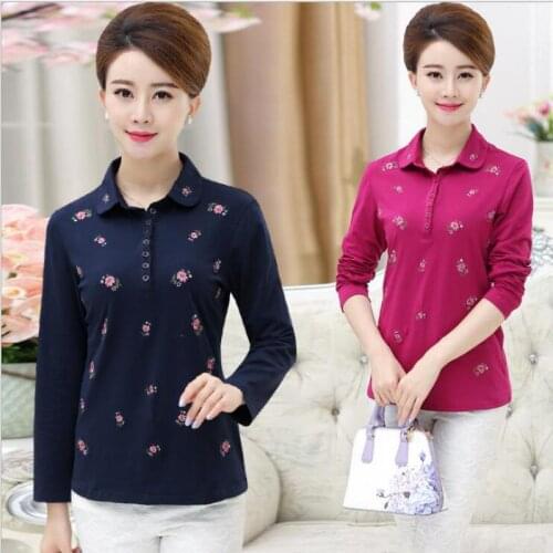 Cotton Women Polo Shirt Spring Autumn Size L-4xl Cotton Female Embroidered Long Sleeve Tee Ladies Turn-down Collar Polo K49