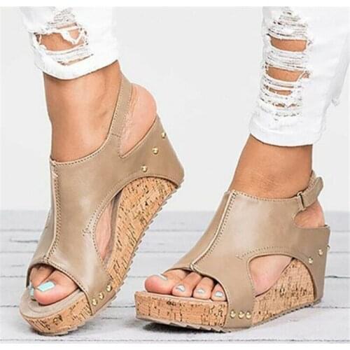 2020 Summer Sandals Women Open Toe Gladiator PU Buckle Strap 6.4CM Wedges High Heels Round Toe Shallow women shoes size 35-42