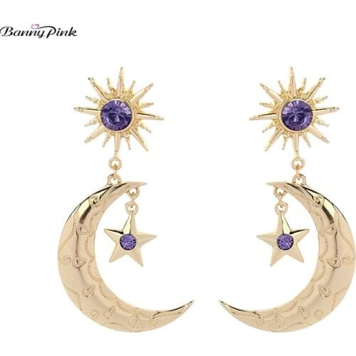 Banny Pink New Punk Carved Moon Crescent Sun Star Stud Earrings For Women Chunky Geometric Statement Post Earrings Brinco Bijoux