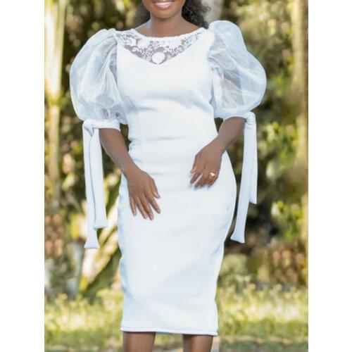 Women White Dress Patchwork Tulle Lantern Sleeve Patchwork Lace Up Bodycon Party Sexy Fashion Classy Vestidos Robes Big Size XL