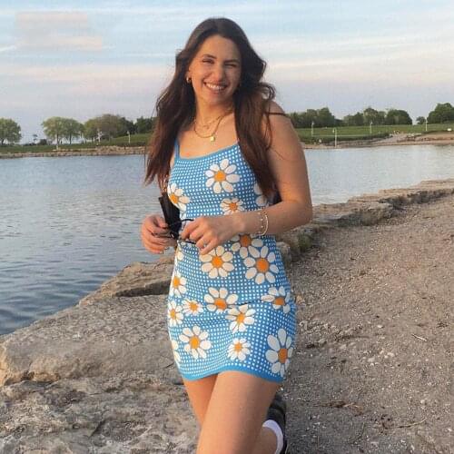 Women Slip Dress Blue Floral Printed Pattern Backless Summer Bodycon Dresses Mini Sleeveless Vestidos Spaghetti Strap Dresses