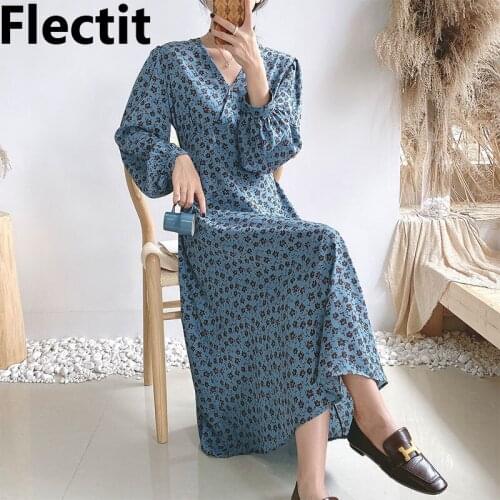 Flecti V-Neck Floral Midi Dress Long Sleeve High Waist Printed Women Dress Fall Spring Trendy Vintage Dress