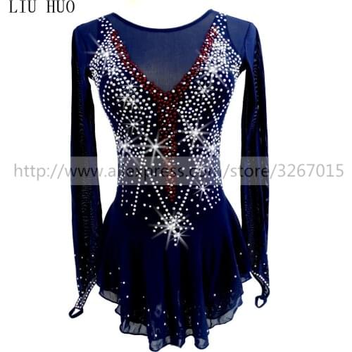Competition Figure Skating Dress Womens Girls' Ice Skating Dress Roller skating Round neck long sleeve Dark blue Adults Kids