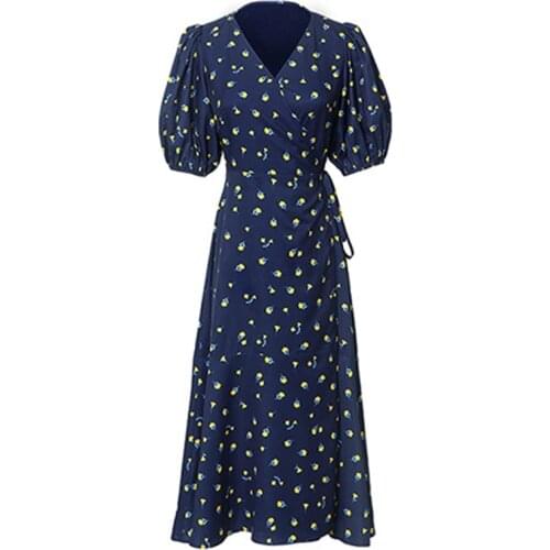 Women V Neck Puff Sleeve Wrap Dress Floral Print Navy Blue Summer Dress 2021 Korean Style A Line Midi Dress Holiday Vestidos