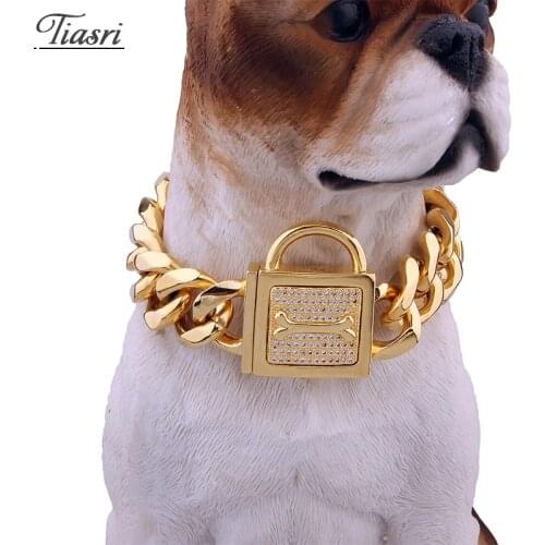 19mm Gold Color Dog Collar Pet Supplies Solid Stainless Steel Cuban Miami Chain Bone Shaped Rhinestone Lock Pet Necklace Choker