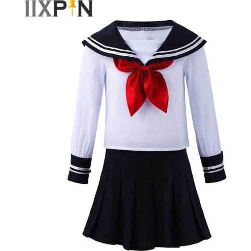 Children Cotton Japanese Korean Student School Uniforms Set Suit for Girls White Shirts Navy Blue Skirt Clothes for Performance