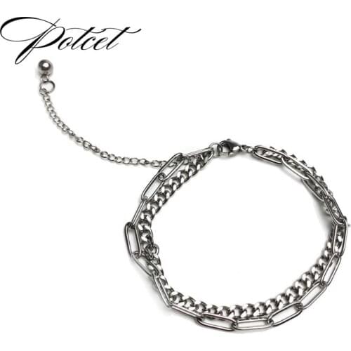 POTCET Unisex Stainless Steel Titanium Steel Double Bracelet Geometric Hip Hop Personality Party Jewelry