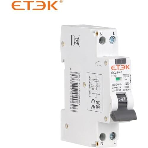 ETEK EKL9-40-1NC2030A RCBO 6KA 1P+N 20A 30mA Curve C Type A