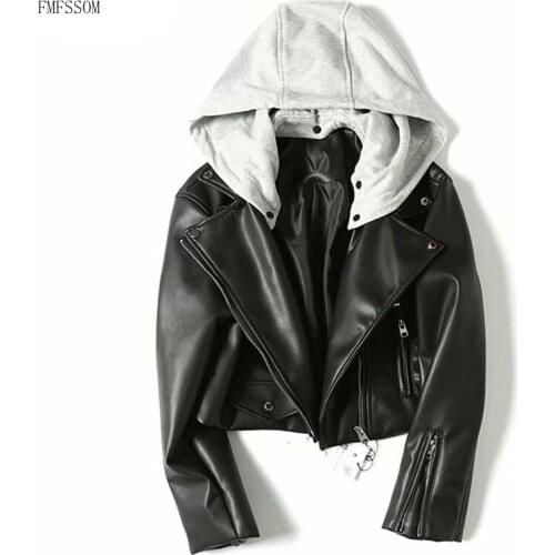 FMFSSOM Spring Autumn Women Faux Leather Short Jackets Hooded Jackets Motorcycle Hat Detachable Black Punk Zipper Coat