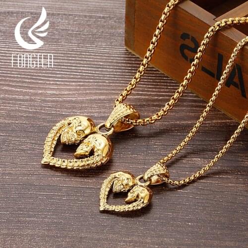 Fongten Skull Heart Shape Lover Pendant Necklace Gold Silver Color Long Link Chain Men Women Necklaces Couple Fashion Jewelry