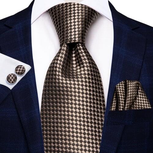 Hi-Tie Brown Fashion Business Navy Plaid 100% Silk Mens Tie NeckTie 8.5cm Ties for Men Formal Luxury Wedding Quality Gravata