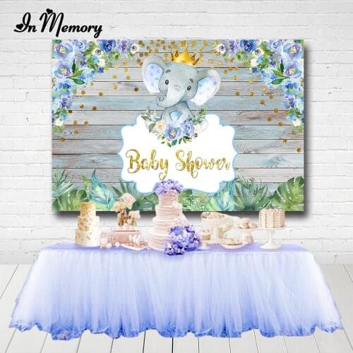 InMemory Grey Elephant Baby Shower Photographic Backdrops Purple Flowers Gold Crown Wood Kids Birthday Party Backgrounds Custom