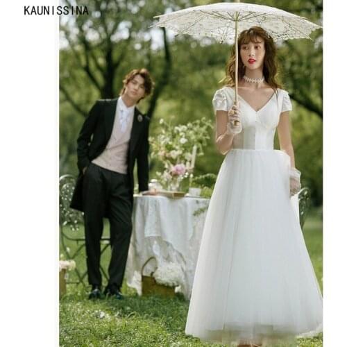 KAUNISSINA Vintage Wedding Dresses for Women V-Neck Short Sleeve Tulle Princess Bridal Gowns White A-Line Bride Vestido De Novia