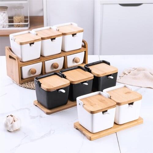 Nordic Minimalist Creative Ceramic Seasoning Spice Jar with Bamboo Lid Porcelain Salt Storage Box Kitchen Organizer Condiments
