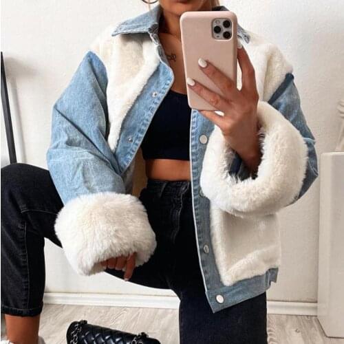 Women Plush Denim Jacket, Winter Adults Long Sleeve Lapel Patchwork Outerwear (White)
