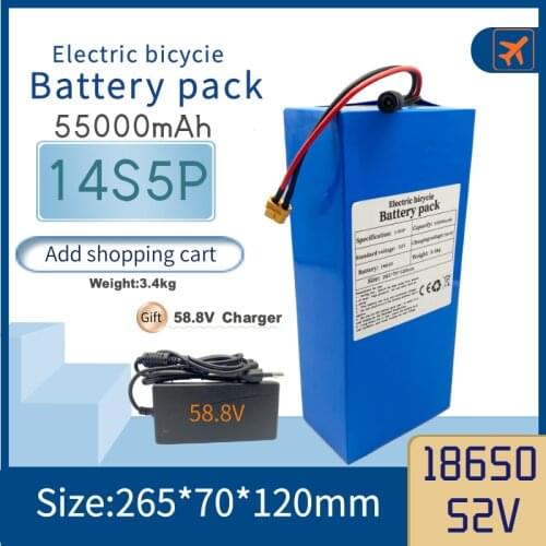 52V 14S5P 55000mAh 18650 2000W lithium battery for balance car, electric bicycle, scooter, tricycle (with BMS 58.8v 3a charger)