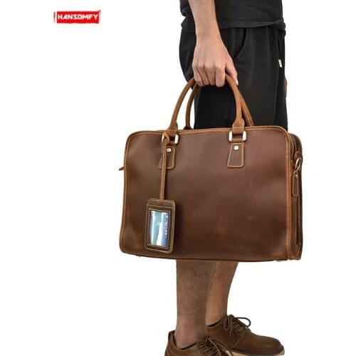 Genuine Leather Mens Briefcase Retro Handbag Shoulder Bag Male Tote Work Bag Business 15 Inch Computer Bags Crazy Horse Leather