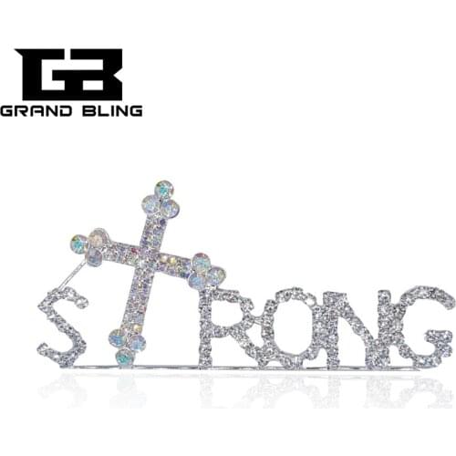 Newest Design Rhinestone "STRONG" Word Pin for Strong Man with Jesus Cross Brooch Jewelry