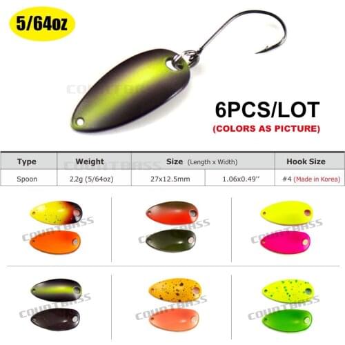 6PCS Countbass Casting Spoon Size 27x12.5mm, 2.2g 5/64oz Freshwater Salmon Trout Pike Bass Metal Brass Fishing Lures Fish Bait
