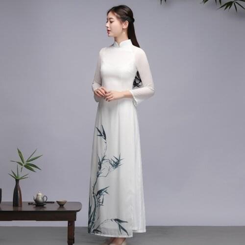 Vietnam Traditional Dress Woman Ao Dai Dress Elegant Long Sleeve Party Cheongsam China National Retro White Chiffon Qipao 10215