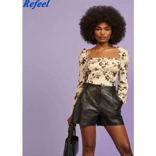 Spring Summer Print Square Collar Short Chiffon Top Womens Za Fashion Long Sleeves Casual Tops