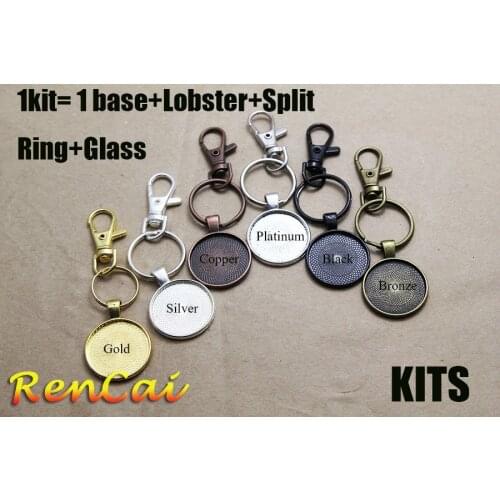 10kits Vintage 30mm Round Blank Pendant Key Chains Kits Pendant Trays with Glass Cabochons For DIY Cabochons Cameo Making Craft
