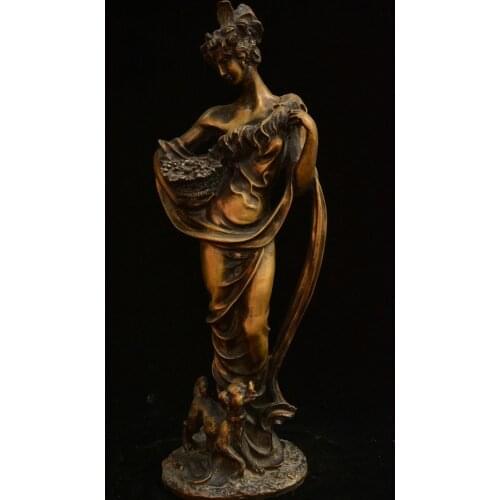 18" Old Chinese Bronze Beautiful Woman Beauty Belle Femme Fatale Peri Dog Statue