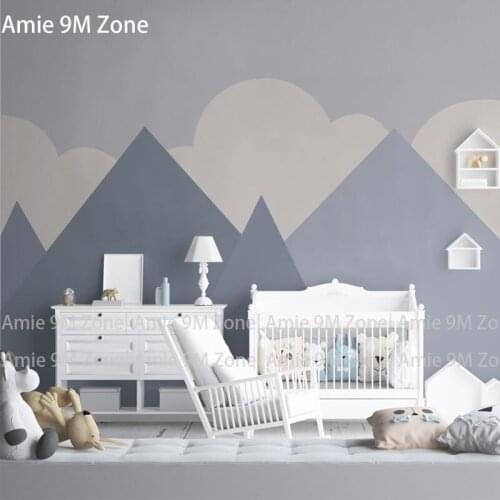 Pale blue color mountains and cloud cartoon design for kids room wall decor morandi triangle shape wallpaper mural discount