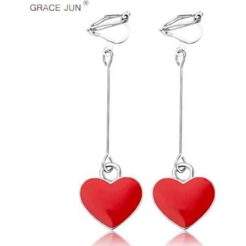 GRACE JUN Hot Sale Long Gold Color Heart Shape Clip on Earrings No Pierced for Women Gorgeous Cuff Earrings No Hole Earrings
