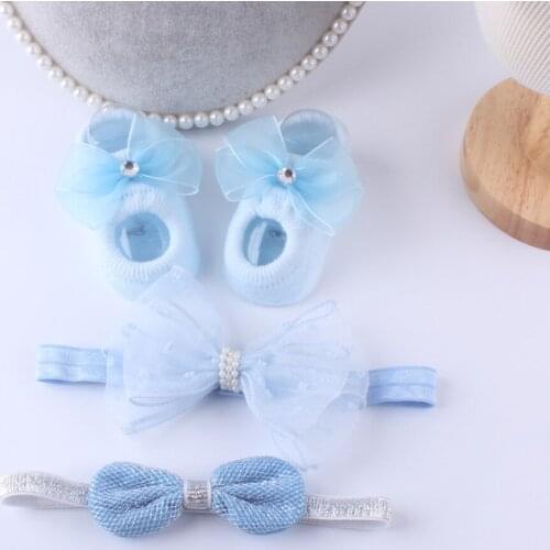 Baby 3Pcs Set Headband + Socks Kids Newborn Cartoon Boat Socks Lace Anti-slip Sock Shoes Boots Bowknots Floor Slipper Socks