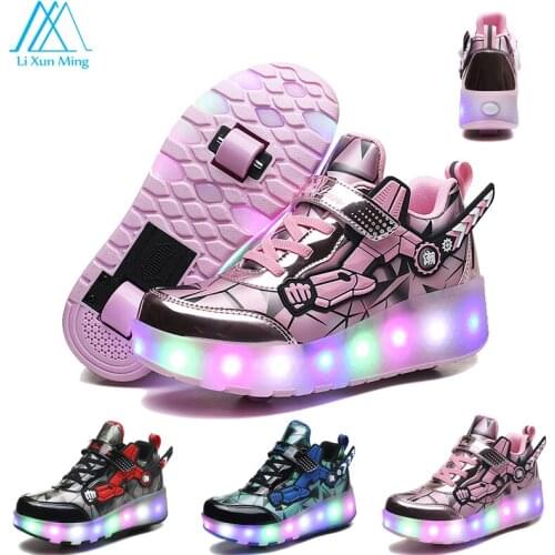 Childrens Fashion Two-wheeled Single-wheeled High Heels Outdoor Roller Skates LED Rechargeable Luminous Roller Shoes 27-43 Size