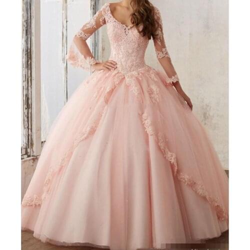 Baby Pink Blue Quinceanera Dresses 2020 Lace Long Sleeve V-Neck Masquerade Ball Dresses Sweet 16 Princess Pageant Dress For Girl