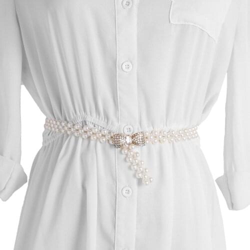 39 Color Elegant Women Pearl Belt Waist Belt Elastic Buckle Pearl Chain Belt Female Girls Dress Crystal Strap