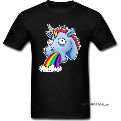 Really Funny T-shirt For Men Tshirt Vomiting Unicorn Print Tops Hip Hop Cartoon Tees Rainbow Lover T Shirts Cotton Streetwear