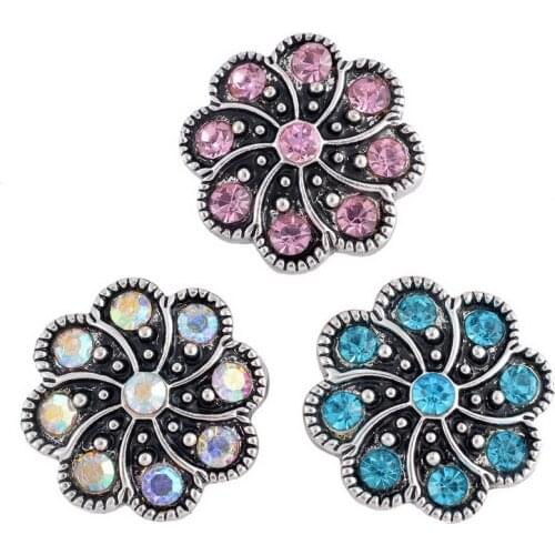 Hot sale 3pcs mixed 20MM Rhinestone flowers metal charm snap buttons high quality fit DIY snaps bracelets jewelry PL0121