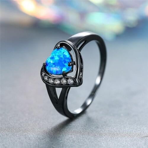 Antique Black Gold White Zircon Ring Female Luxury Wedding Engagement Ring Blue Fire Opal Cute Heart Stone Rings For Women Gifts